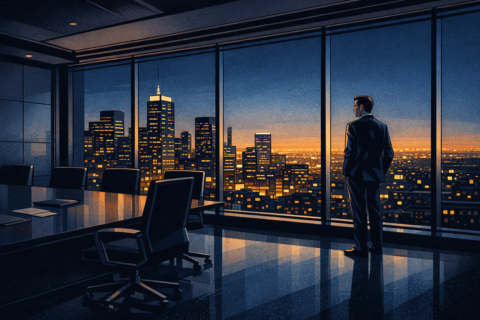 Graphic Novel Styled Executive Boardroom at Night